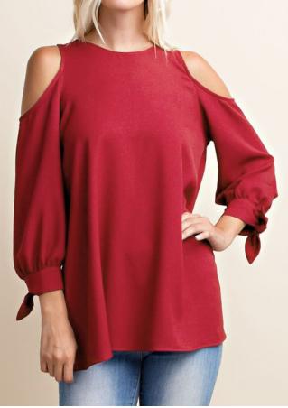 Solid Hollow Sleeve Blouse with Bow
