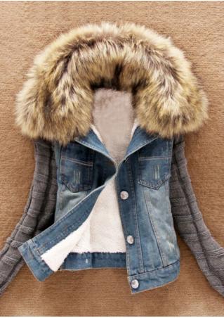 Denim Button Knitted Sleeve Jacket with Fur Collar
