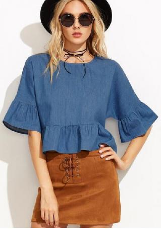 Solid Flare Sleeve Blouse without Necklace