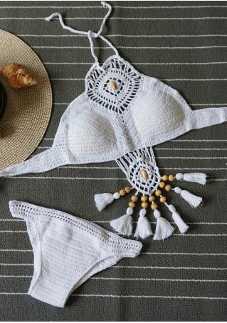 Solid Tassel Splicing Hollow out Knitted Bikini Set