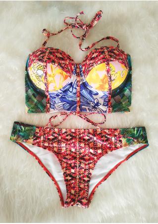 Printed Lace Up Halter Bikini Set