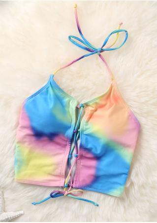 Color Block Lace up Halter Bikini Top