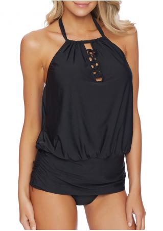 Solid Hollow Out Halter Tankini