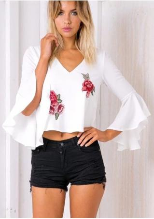 Floral Embroidery Flare Sleeve Hollow Out Blouse