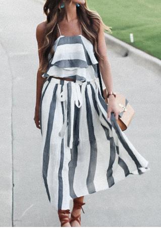 Striped Flouncing Layered Two-Piece Dress