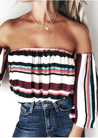 Striped Off Shoulder Detachable Sleeves Blouse without Necklace
