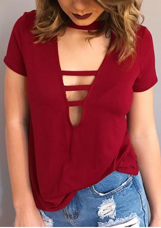 Solid Deep V-Neck Hollow Out T-Shirt