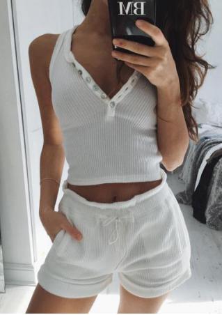 Solid Button Crop Top and Shorts Set