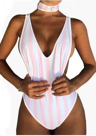 Striped Backless Swimsuit with Choker Detail