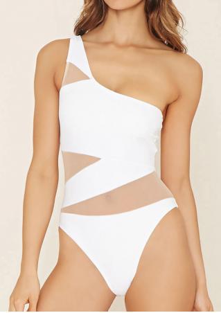 Solid Mesh Splicing One-Shoulder Swimsuit