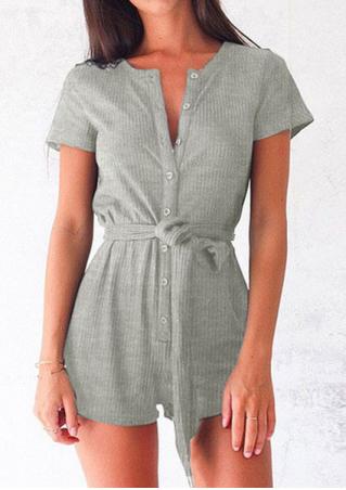 Solid Button Short Sleeve Romper with Belt