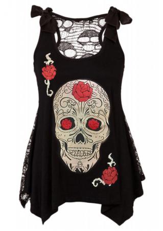 Floral Skull Lace Splicing Asymmetric Tank without Necklace