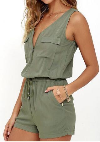 Solid Front Zipper Drawstring Romper without Necklace