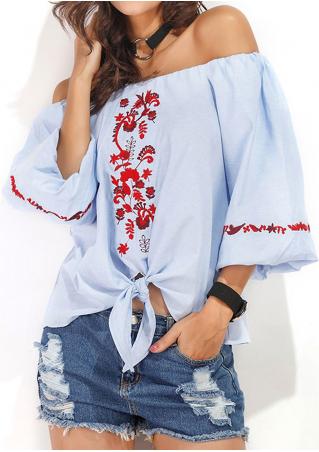 Floral Embroidery Off Shoulder Lantern Sleeve Blouse without Necklace