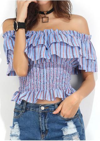 Stripe Off Shoulder Shirred Ruffled Blouse without Necklace