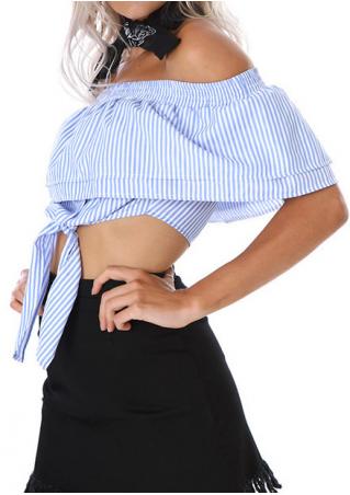 Striped Off Shoulder Tie Crop Top without Choker Detail