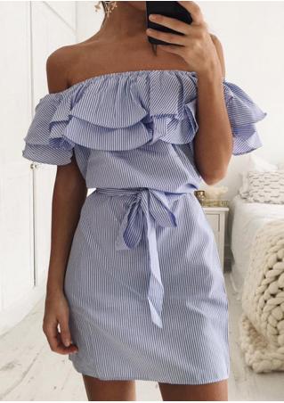 Striped Flouncing Off Shoulder Mini Dress with Belt