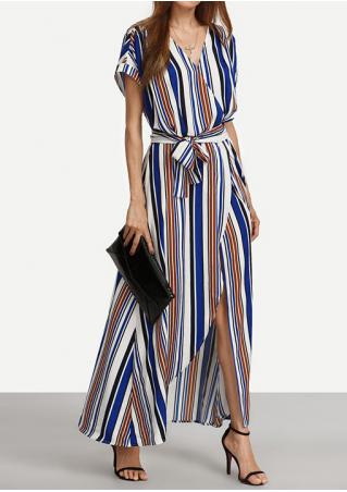 Striped Slit Maxi Dress with Belt without Necklace