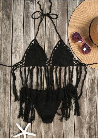 Solid Knitted Tassel Halter Bikini Set