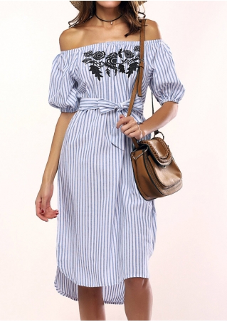 Striped Embroidery Off Shoulder Casual Dress with Belt without Necklace