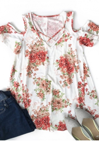 Floral Criss-Cross Cold Shoulder Blouse