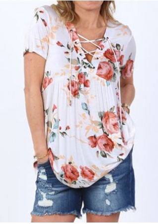 Floral Lace Up Ruffled Blouse