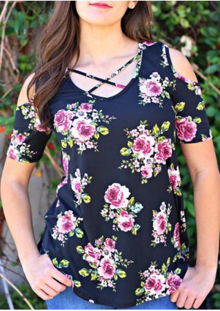 Floral Criss-Cross Cold Shoulder Blouse