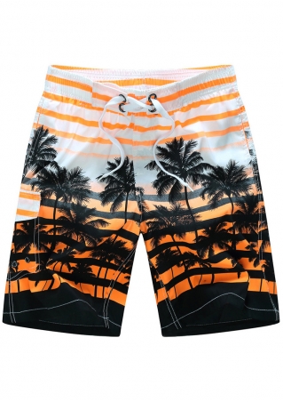 Coconut Tree Striped  Drawstring Shorts