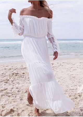 Solid Ruffled Lace Floral Off Shoulder Maxi Dress without Belt