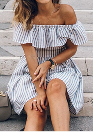 Striped Off Shoulder Flouncing Hollow Out Mini Dress without Necklace