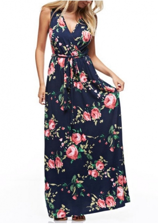 Floral Deep V-Neck Maxi Dress with Belt