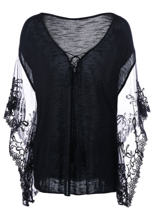 Solid Lace Floral Splicing Lace Up Tassel Blouse