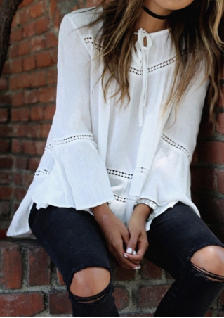 Solid Tie Flare Sleeve Blouse without Necklace