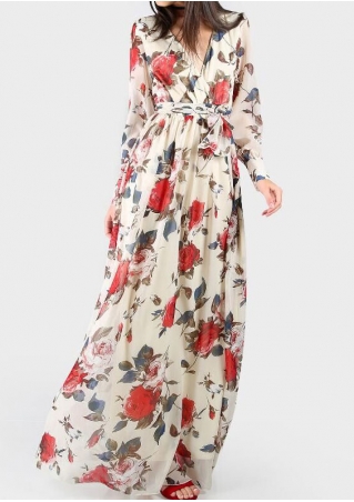 Floral Deep V-Neck Maxi Dress with Belt without Necklace