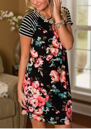 Floral Striped Sleeve Casual Mini Dress without Necklace