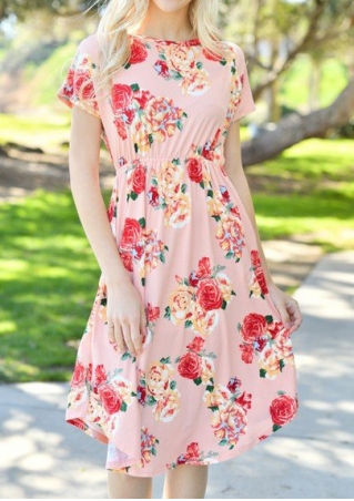 Floral O-Neck Short Sleeve Casual Dress