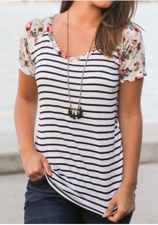 Striped Floral Splicing Baseball T-Shirt without Necklace