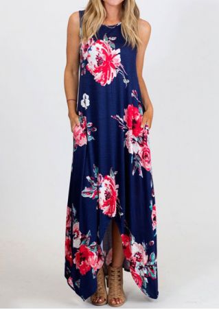 Floral Criss-Cross Sleeveless Asymmetric Maxi Dress