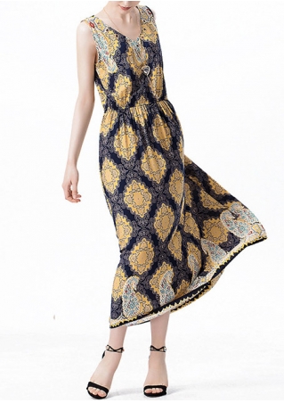 Printed V-Neck Sleeveless Maxi Dress with Necklace