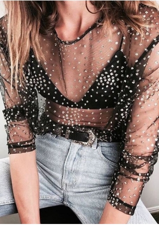 Sequined Mesh See-Through T-Shirt without Necklace