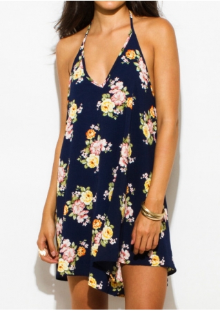 Floral Halter Backless Mini Dress