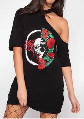 Skull Floral One Shoulder Mini Dress