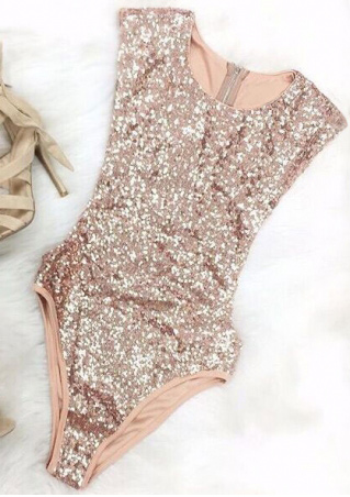 Solid Sequined Back Zipper Swimsuit