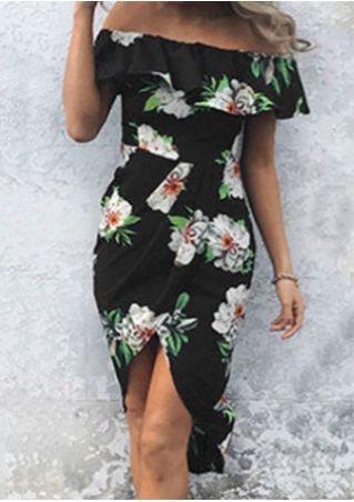 Floral Flouncing Off Shoulder Slit Casual Dress without Necklace