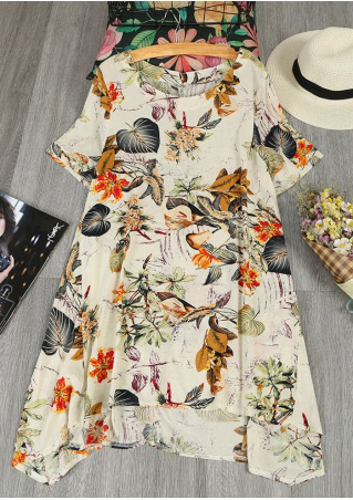 Floral Asymmetric Short Sleeve Casual Mini Dress