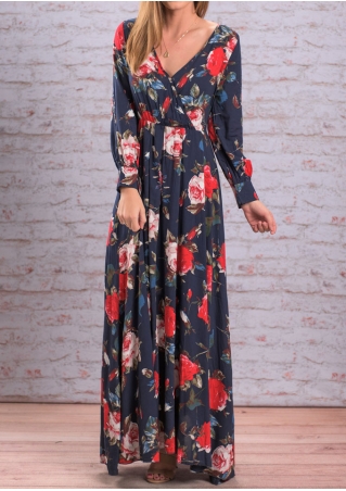 Floral Ruffled Deep V-Neck Maxi Dress without Necklace