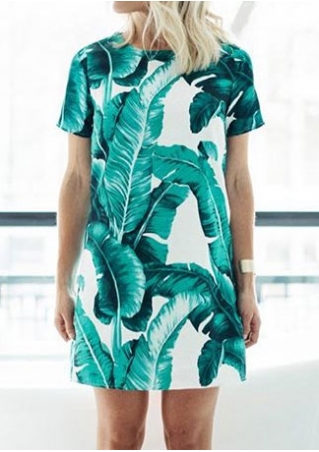 Leaf Printed Short Sleeve Mini Dress