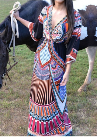 Ethnic Printed Deep V-Neck Maxi Dress