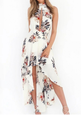 Floral Asymmetric Hollow Out Halter Maxi Dress