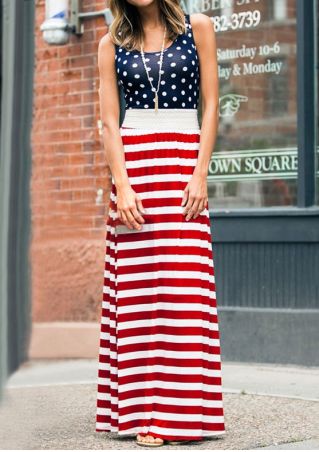 Polka Dot Striped Splicing Maxi Dress without Necklace